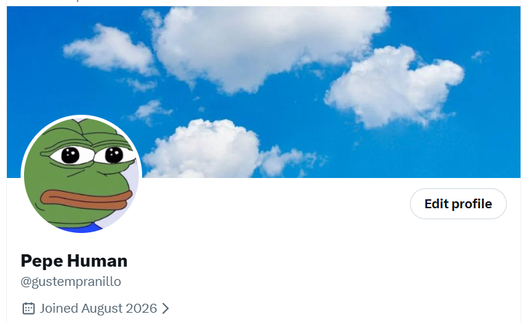 Perfil de X (Twitter) del autor con el nombre cambiado a «Pepe Human», usuario @gustempranillo y una foto de Pepe the Frog como avatar.