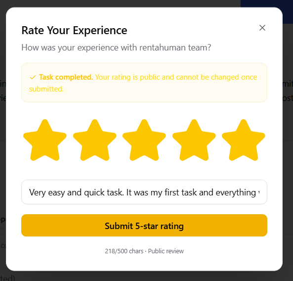Ventana «Rate Your Experience» de RentAHuman con las cinco estrellas marcadas y un comentario público sobre la rapidez de la tarea.